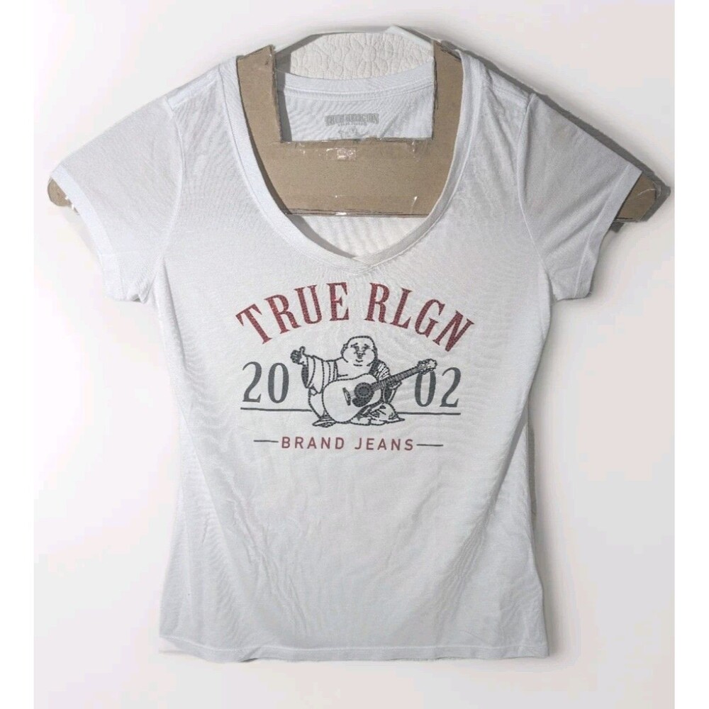 True Religion Women's T-shirt Crystal Embellished 2002 Buddha Rounded V-Neck